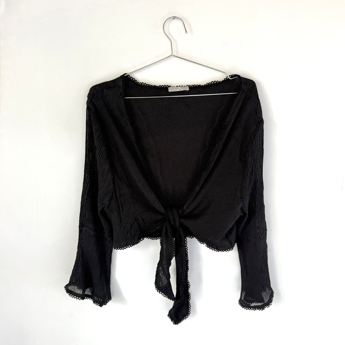 Alberto Makali Sheer Black Tie Front Bell Sleeve Top