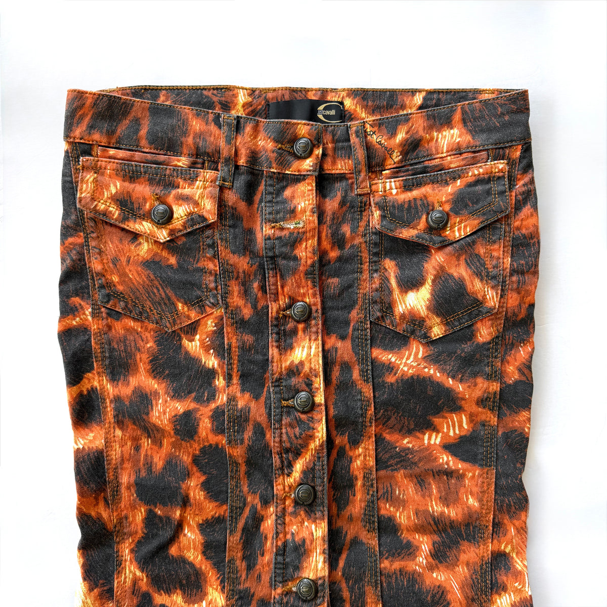Vintage Just Cavalli Leopard Print Denim Midi Skirt