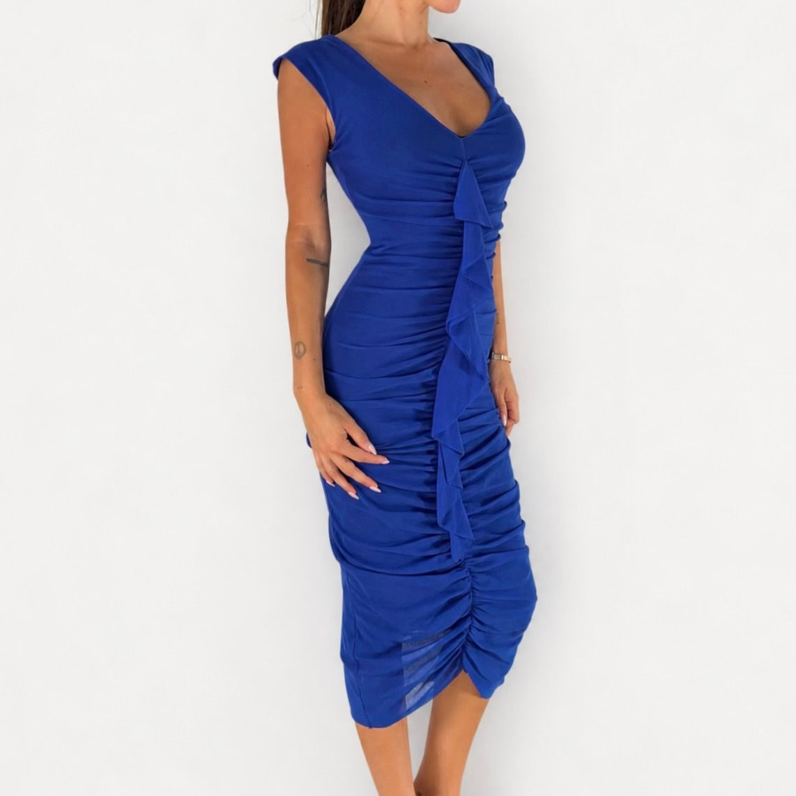 Vintage Fuzzi Ruched Ruffle Mesh Midi Dress Y2K Made in Italy
