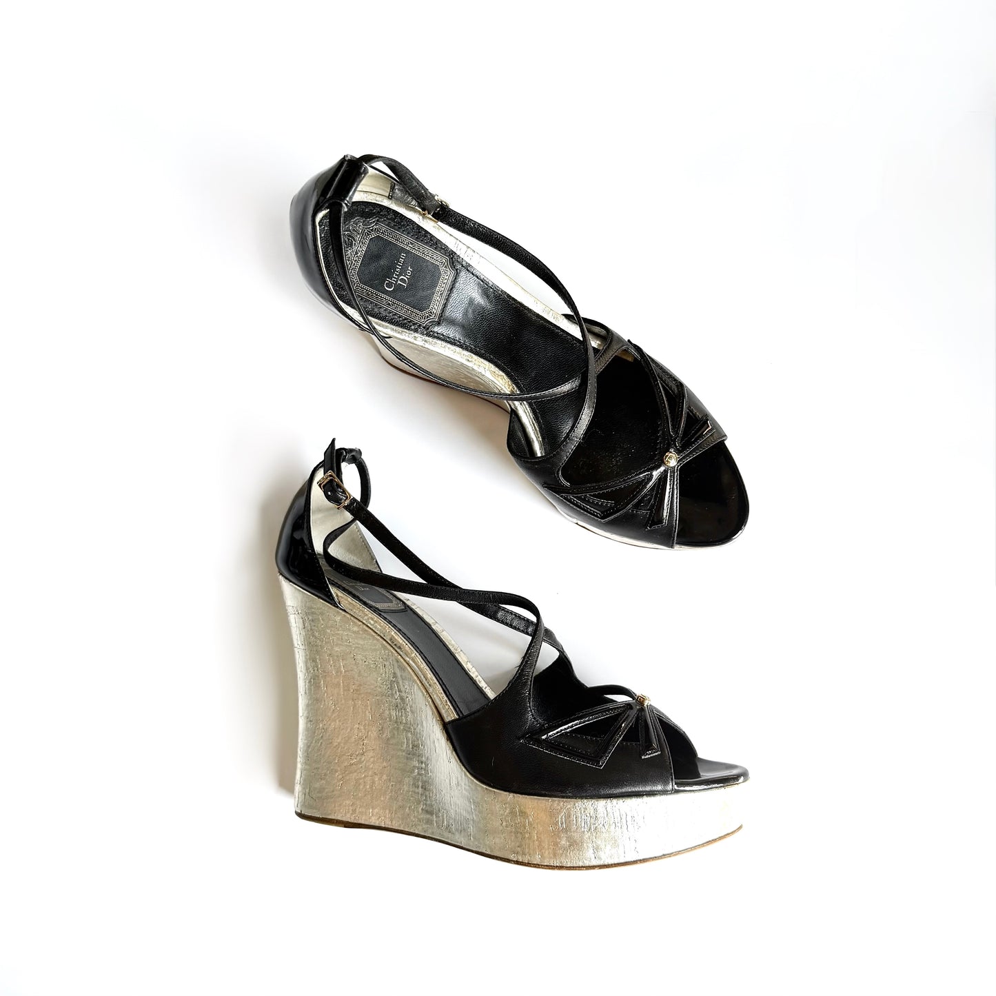 Vintage Christian Dior Black and Silver Platform Wedge Heels (39)