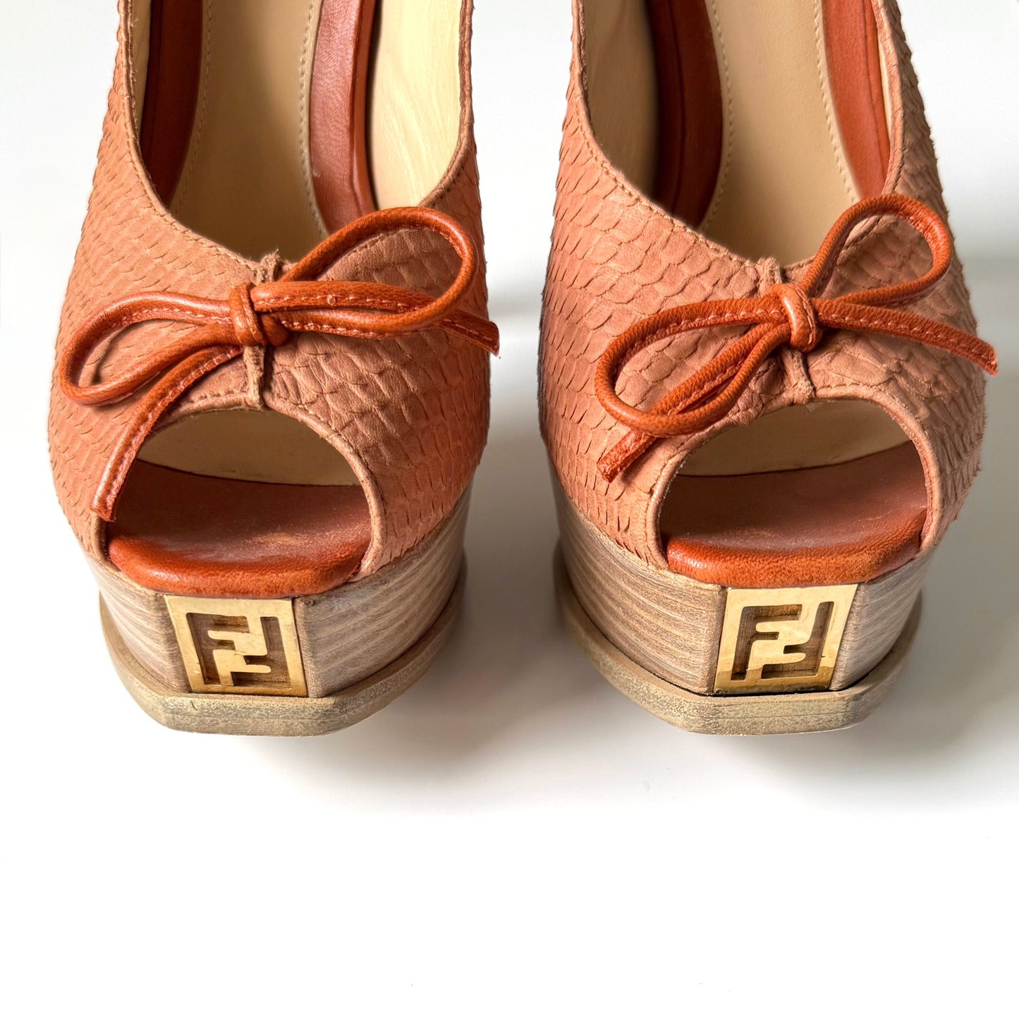 Vintage Fendi Snakeskin Peep Toe Platform Slingback Heels FF Logo Y2K