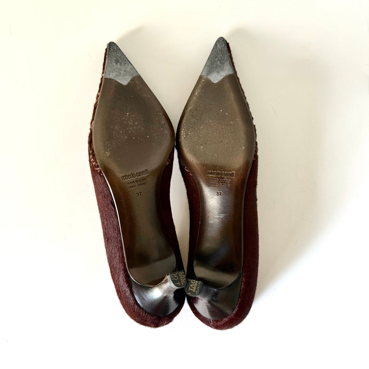 Vintage Roberto Cavalli Burgundy Haircalf Laser-Cut Pointed Toe Kitten Heels (37)