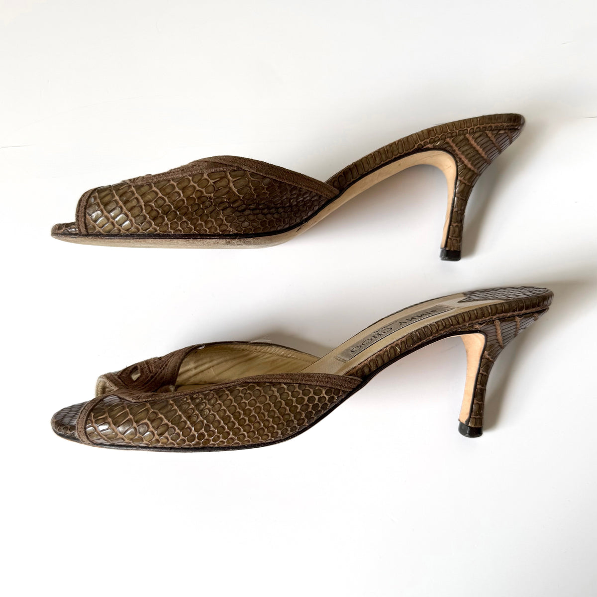 Vintage Jimmy Choo Brown Embossed Leather Mule Heels (36)