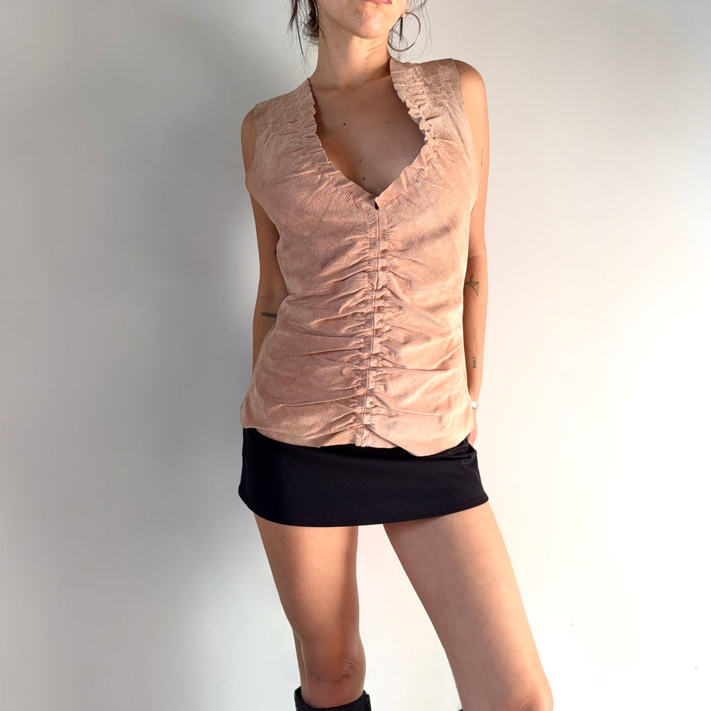 Vintage Leather Ruched V Neck Top