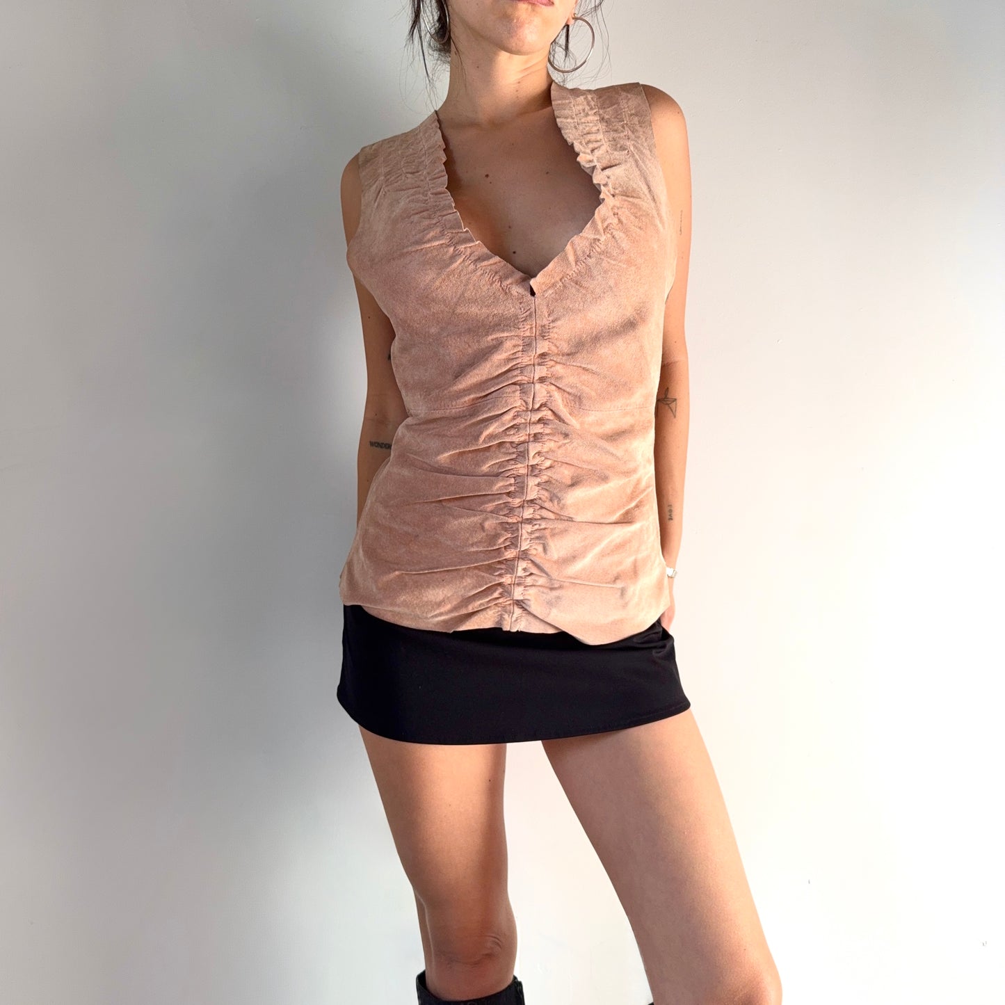 Vintage Leather Ruched V Neck Top