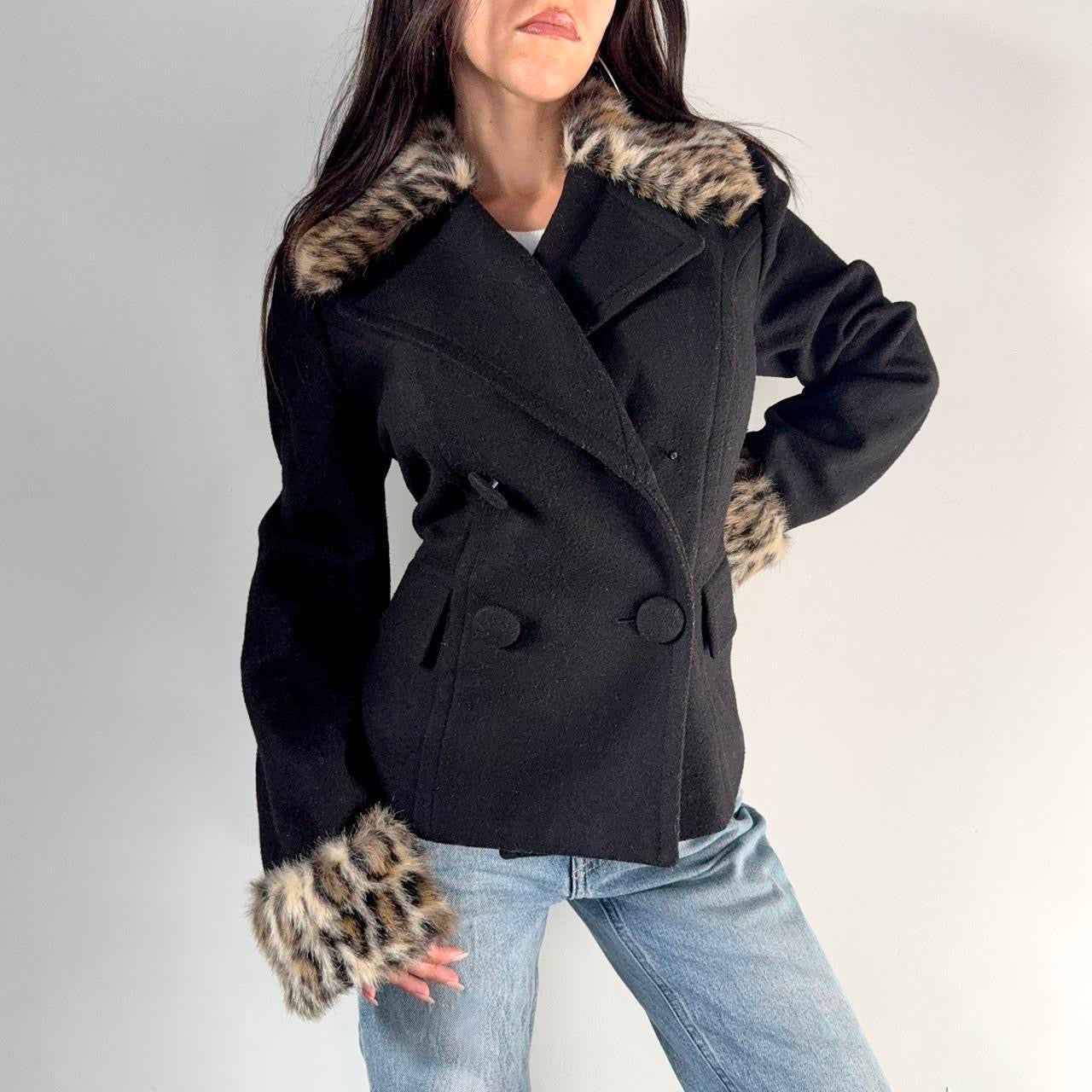 Vintage Leopard Trim Pea Coat