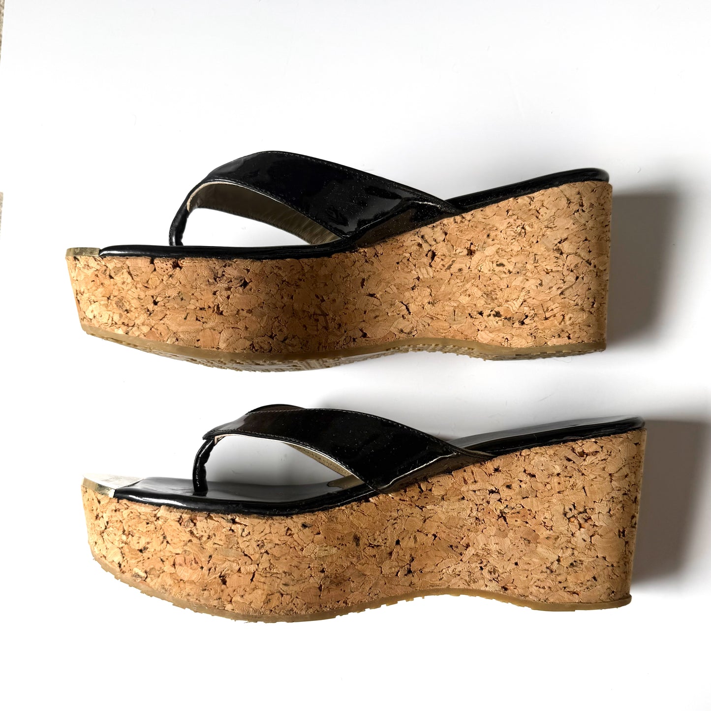 Jimmy Choo Black Patent Leather Cork Wedge Thong Platform Heels (39.5)