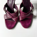 Vintage Yves Saint Laurent Plum Leather Buckle Mule Heels (38)