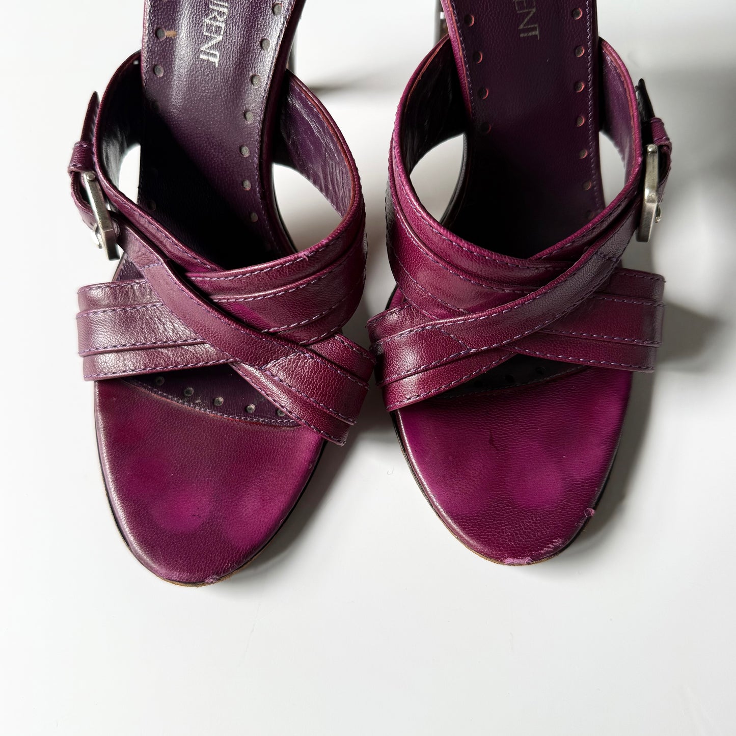 Vintage YSL Plum Leather Buckle Mule Heels (38)