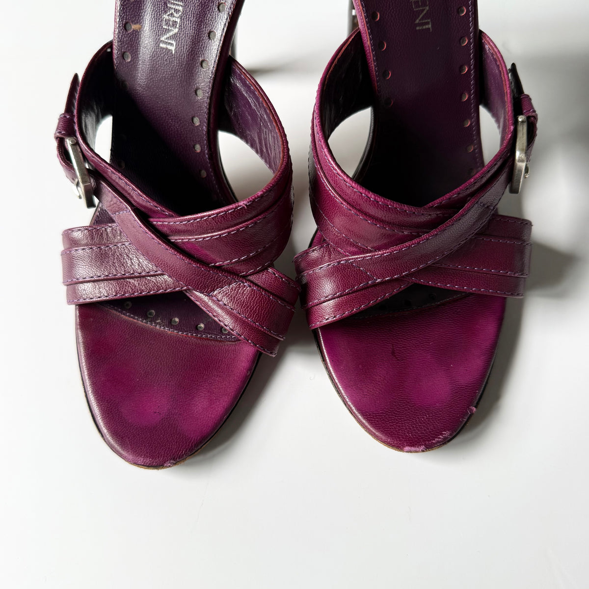 Vintage YSL Plum Leather Buckle Mule Heels (38)