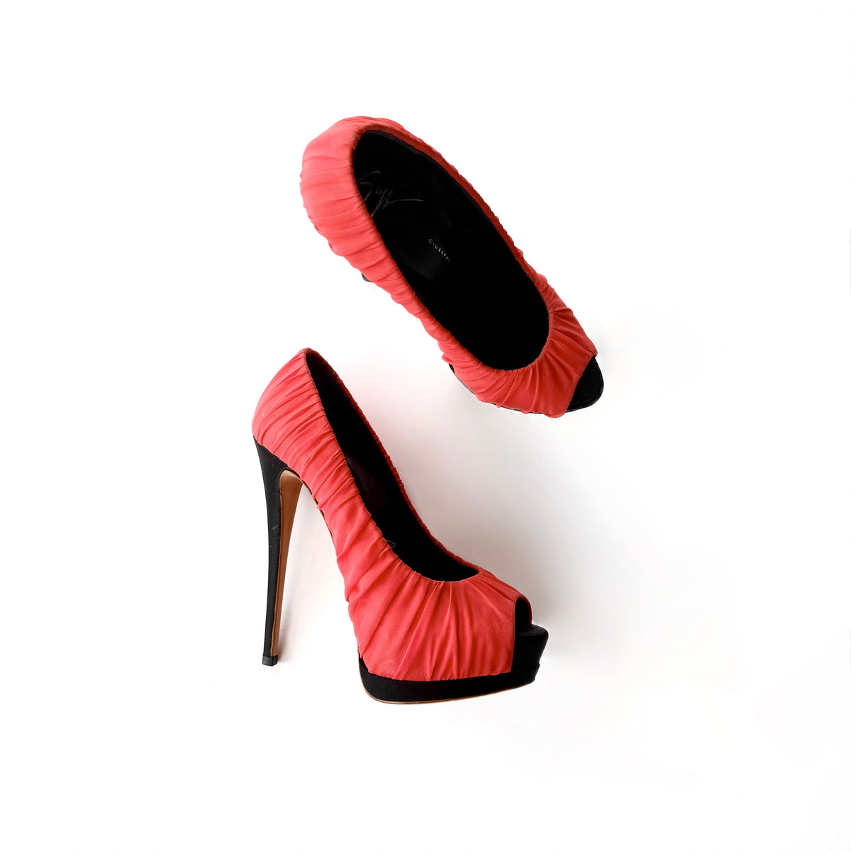 Vintage Giuseppe Zanotti Red Ruched Peep Toe Platform Heels (36)