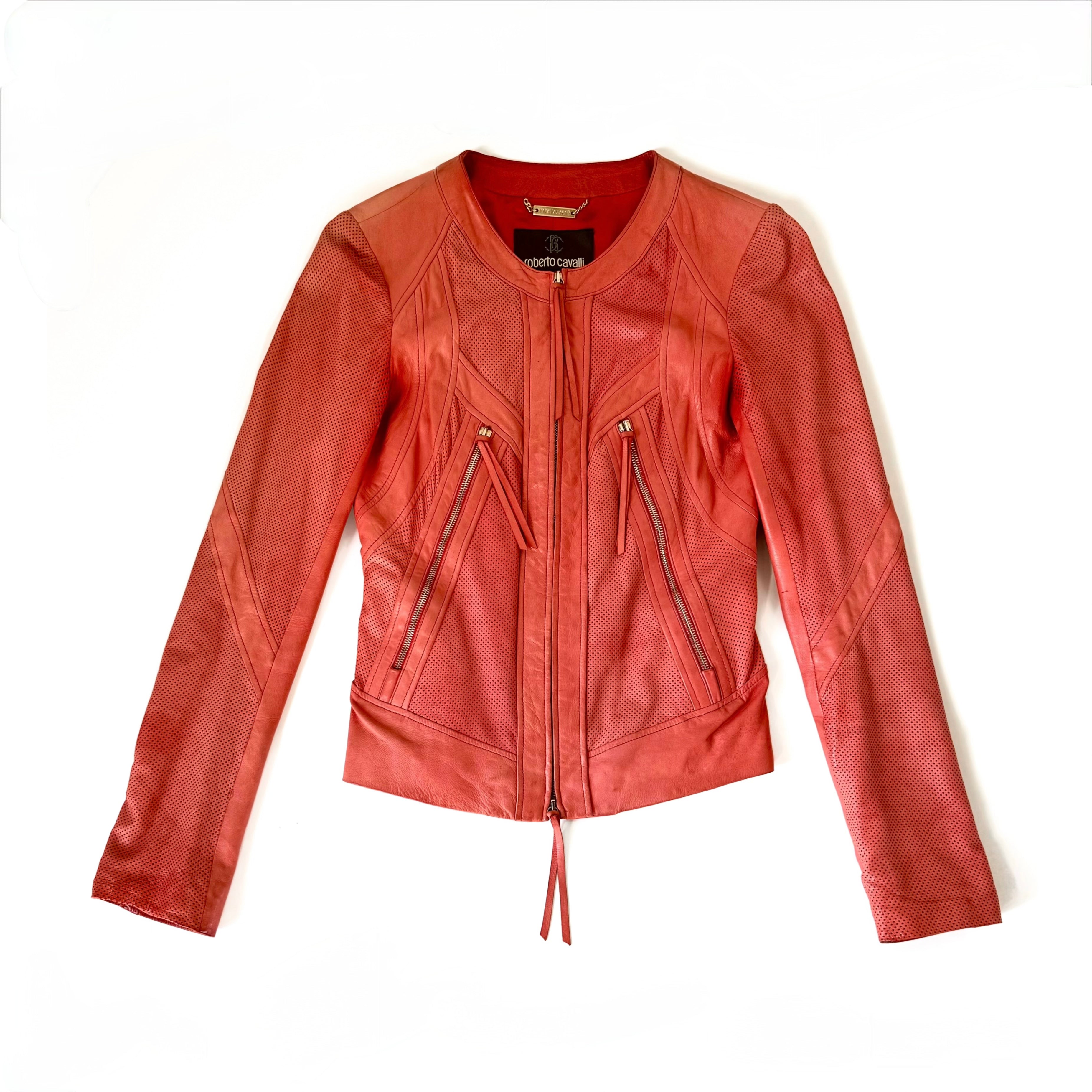 Roberto Cavalli Red Perforated Leather Jacket