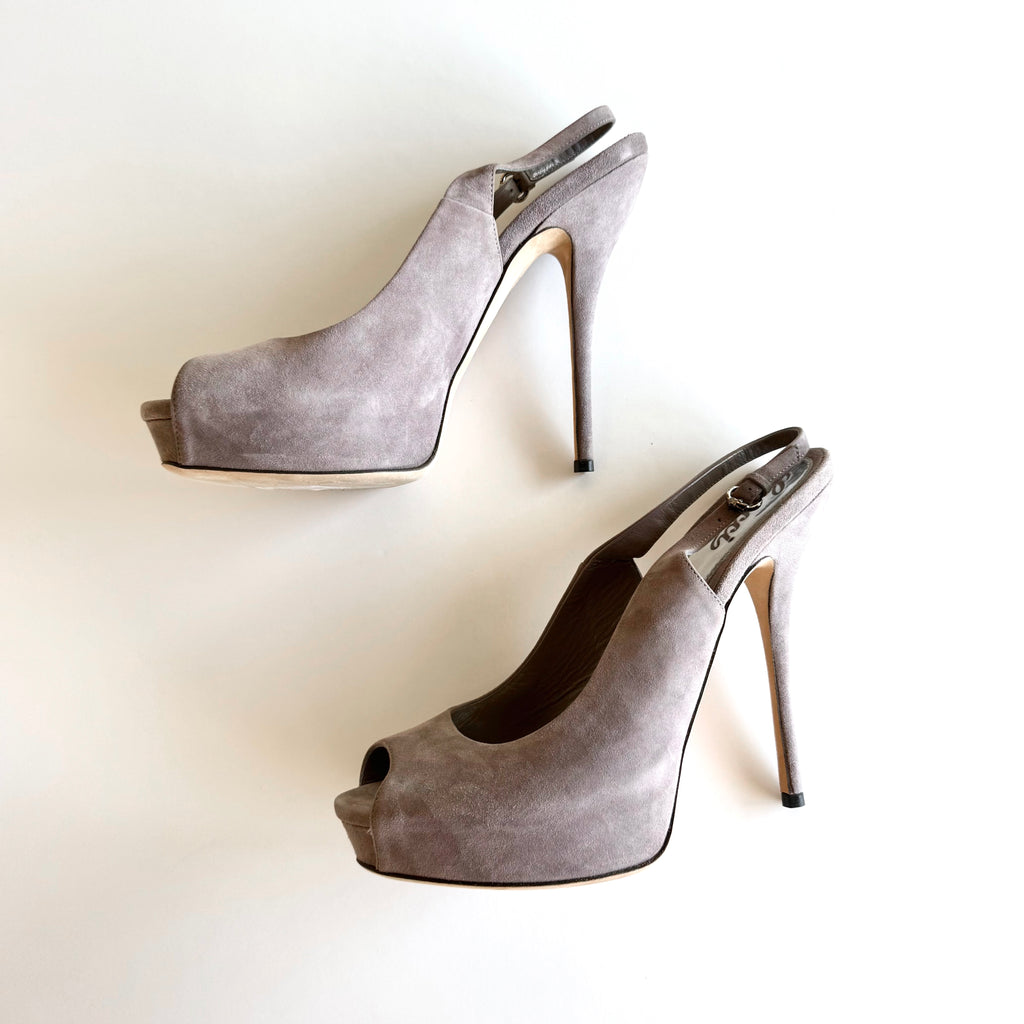 Vintage Gucci Purple Suede Peep Toe Platform Slingback Heels
