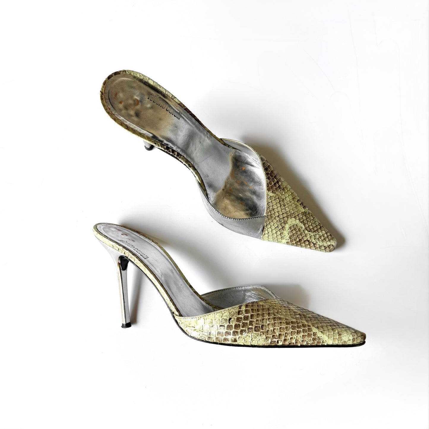 Vintage Roberto Cavalli Snakeskin Pointed Toe Mule Heels (38)
