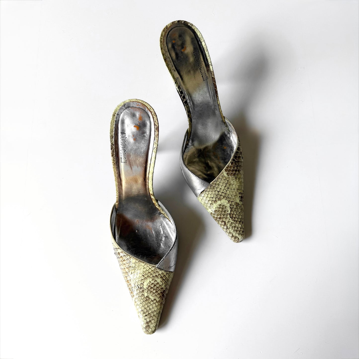 Vintage Roberto Cavalli Snakeskin Pointed Toe Mule Heels (38)