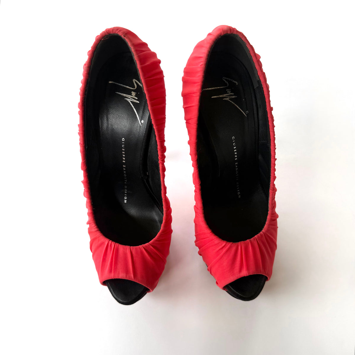 Vintage Giuseppe Zanotti Red Ruched Peep Toe Platform Heels (36)