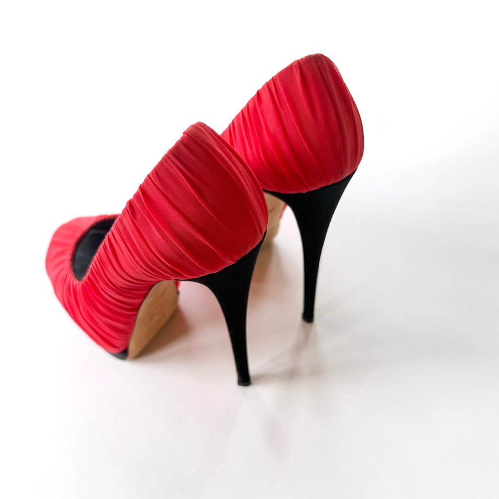 Vintage Giuseppe Zanotti Red Ruched Peep Toe Platform Heels (36)